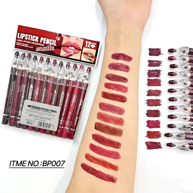 12Pcs Matte Lip Liner With Sharpener Set Waterproof Smudgeproof Precise Contour Lipstick Pens 🖌️