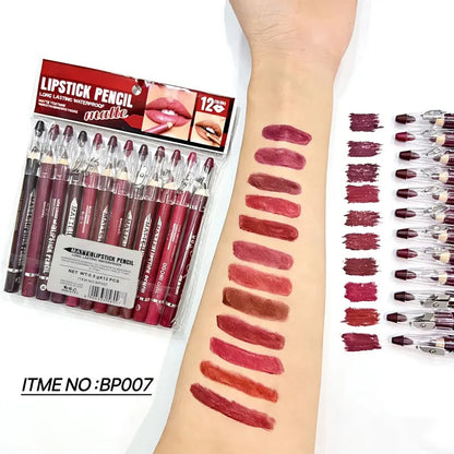12Pcs Matte Lip Liner With Sharpener Set Waterproof Smudgeproof Precise Contour Lipstick Pens 🖌️
