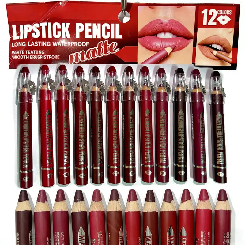 12Pcs Matte Lip Liner With Sharpener Set Waterproof Smudgeproof Precise Contour Lipstick Pens 🖌️